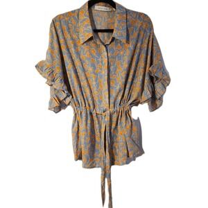 Bishop Young Floral Ruffle Short Sleeve Tie Front Button Down Blue Blouse Sz MED